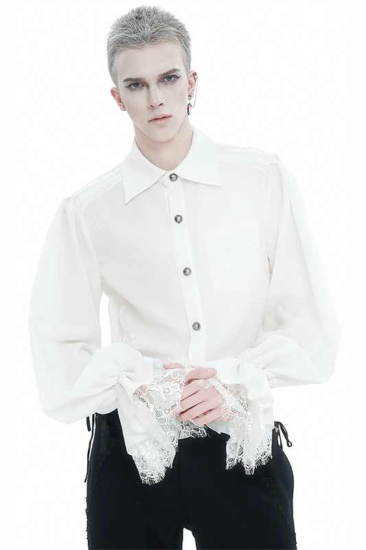 Gothic Men's Turn-Down Collar Shirt with Puff Sleeves / Vintage Male Floral Embossing Shirts