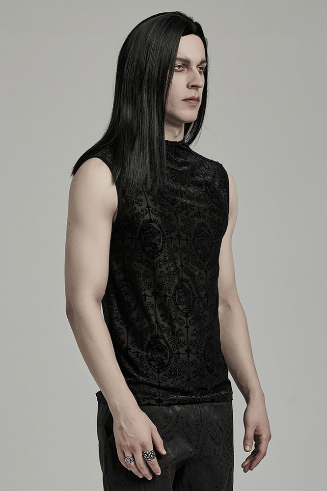 Gothic Mesh Black Top with Flocking Pattern for Men