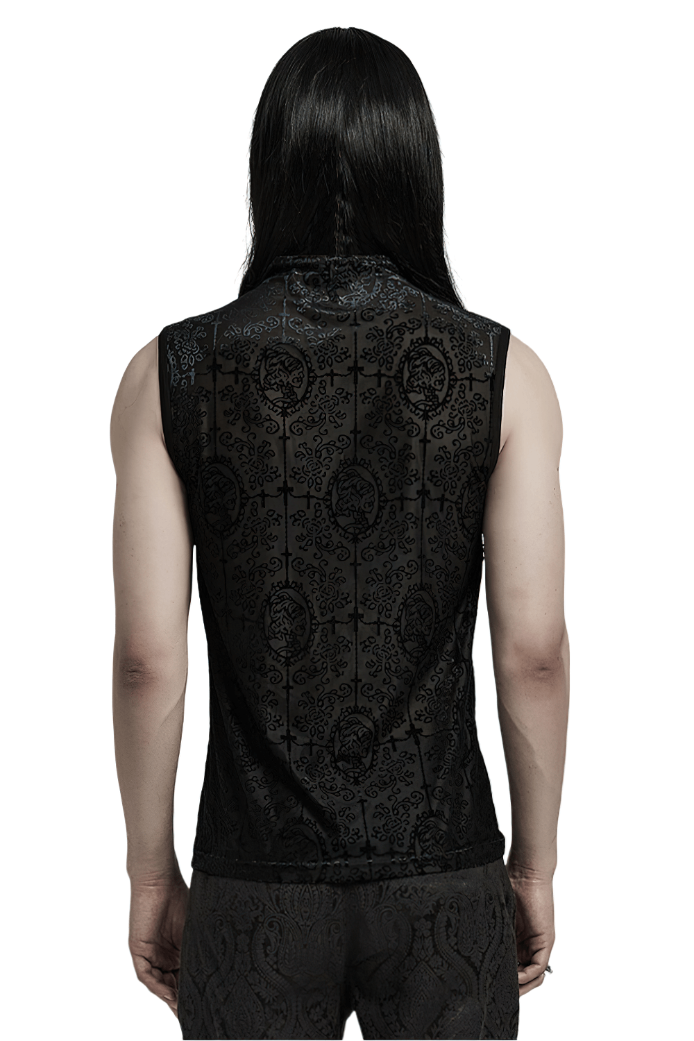 Gothic Mesh Black Top with Flocking Pattern for Men