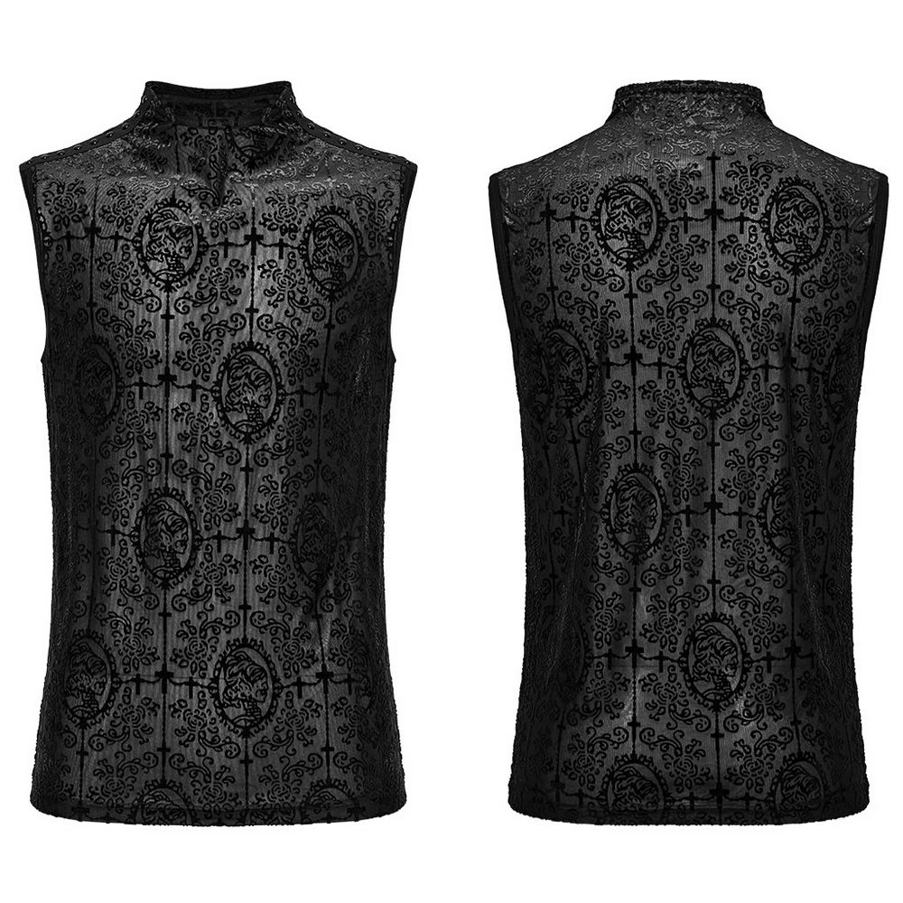 Gothic Mesh Black Top with Flocking Pattern for Men