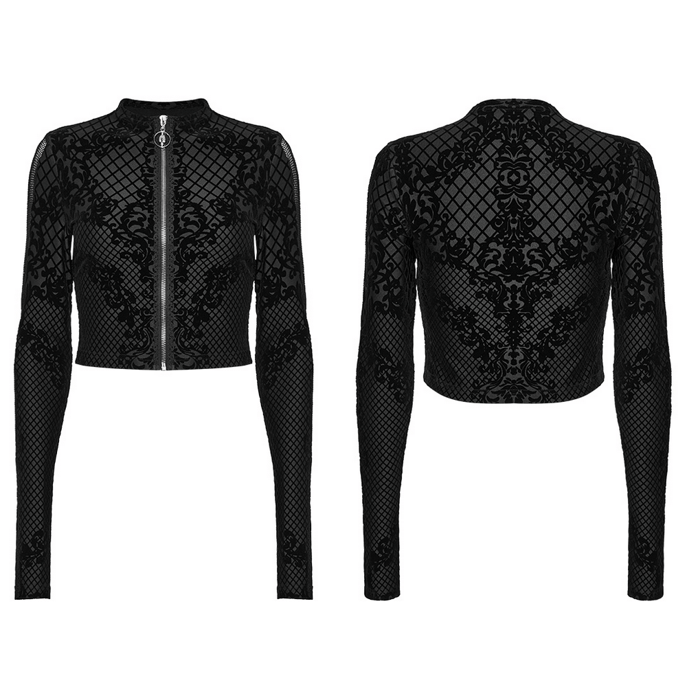 Gothic Mesh Flocking Crop Jacket with Skull Zipper