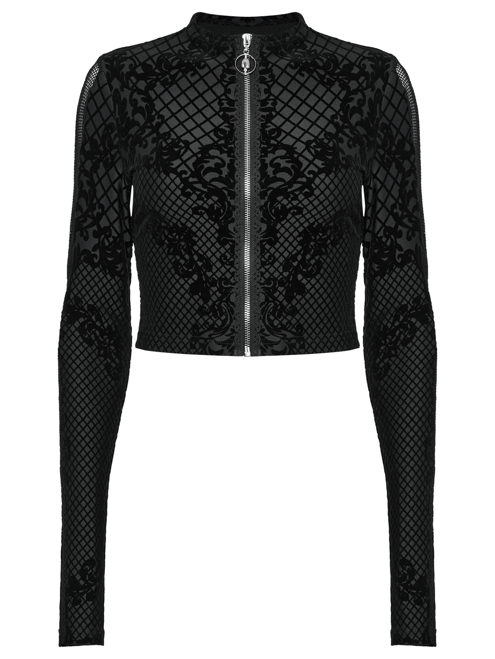 Gothic Mesh Flocking Crop Jacket with Skull Zipper