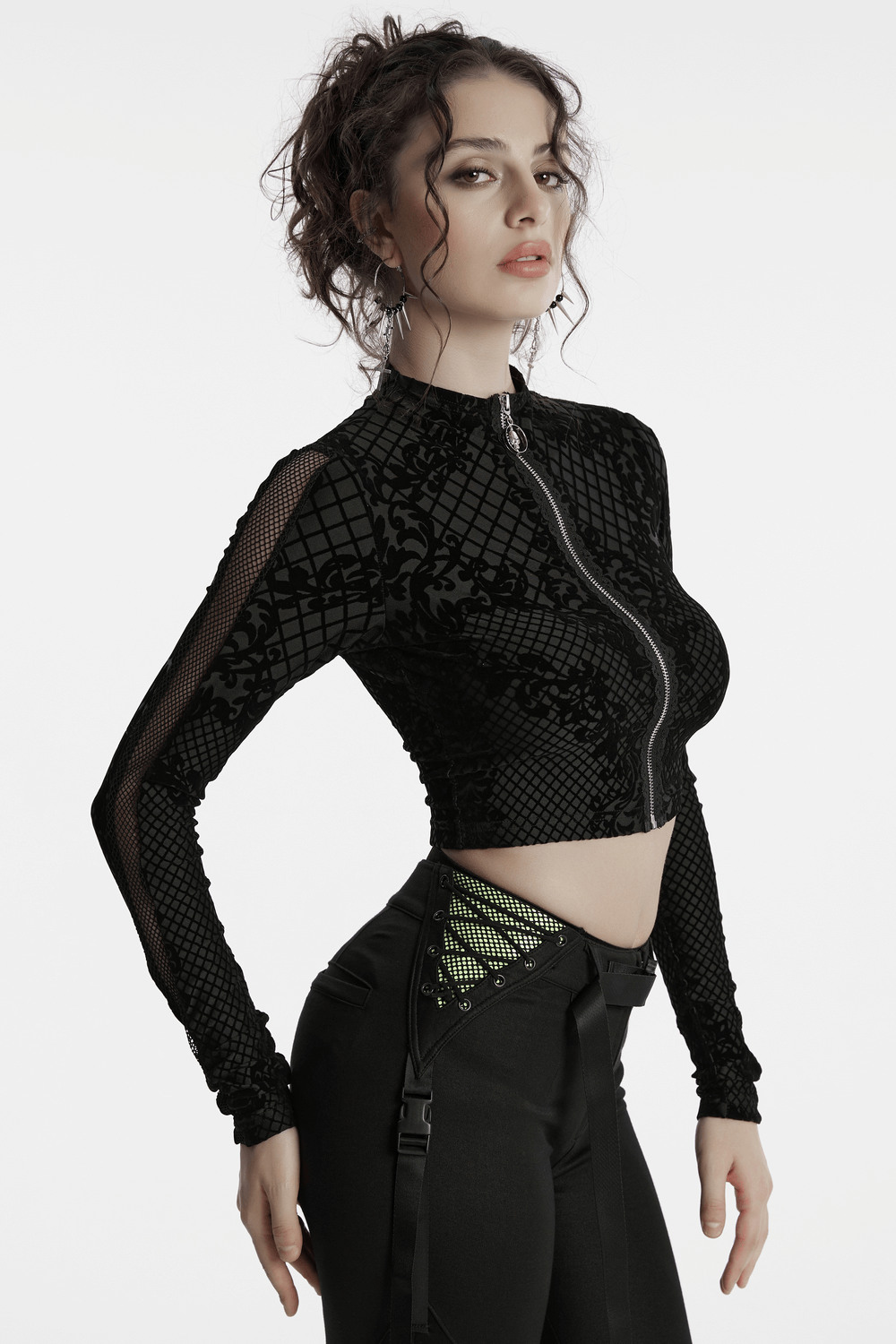 Gothic Mesh Flocking Crop Jacket with Skull Zipper