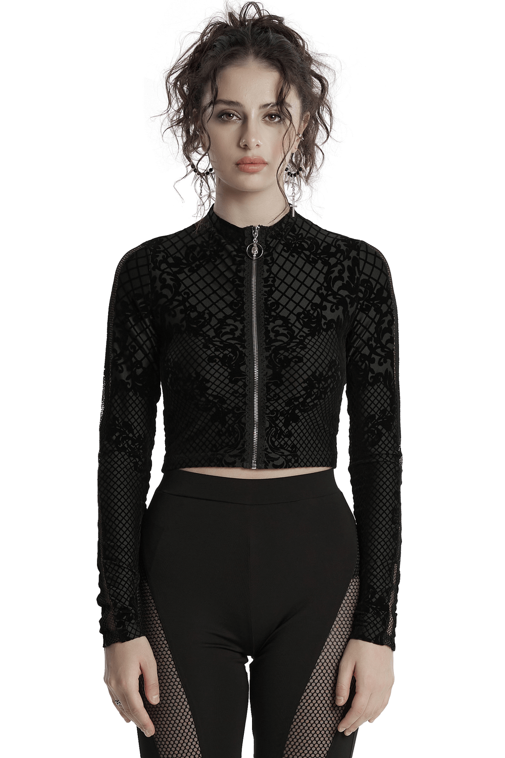 Gothic Mesh Flocking Crop Jacket with Skull Zipper