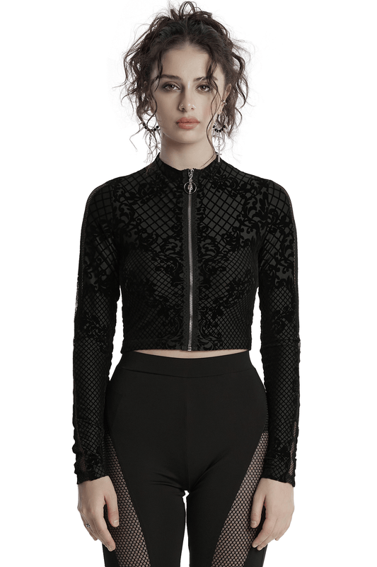 Gothic Mesh Flocking Crop Jacket with Skull Zipper