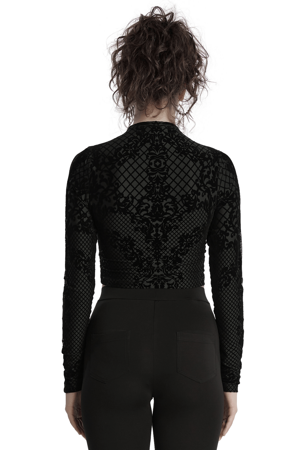 Gothic Mesh Flocking Crop Jacket with Skull Zipper