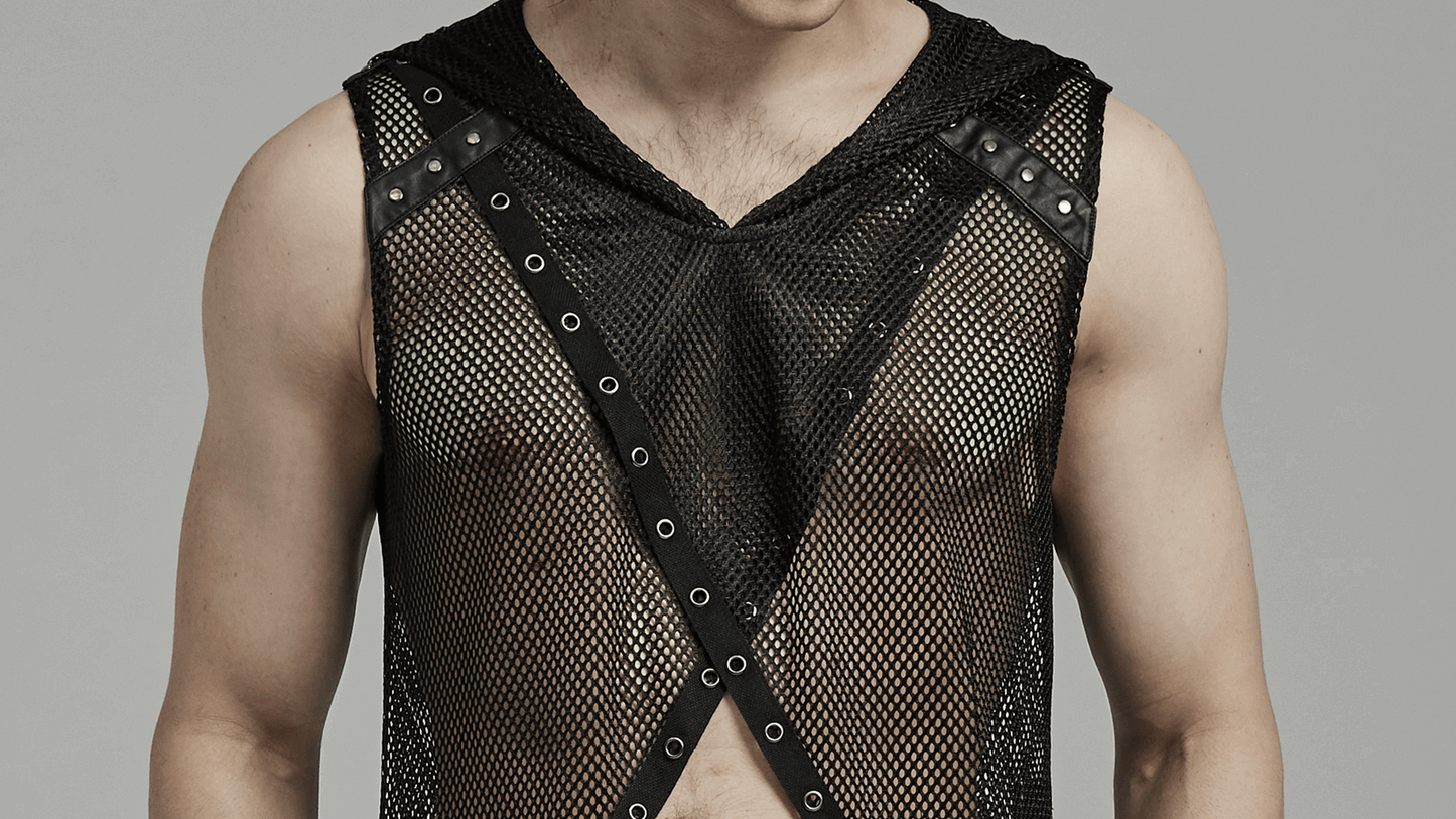 Gothic Mesh Hooded Vest / Sexy Punk Hollow Out Design Top