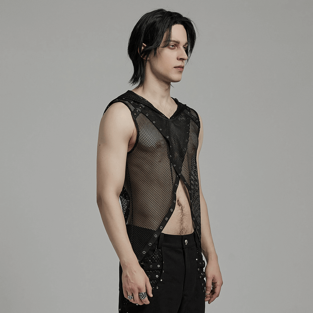 Gothic Mesh Hooded Vest / Sexy Punk Hollow Out Design Top