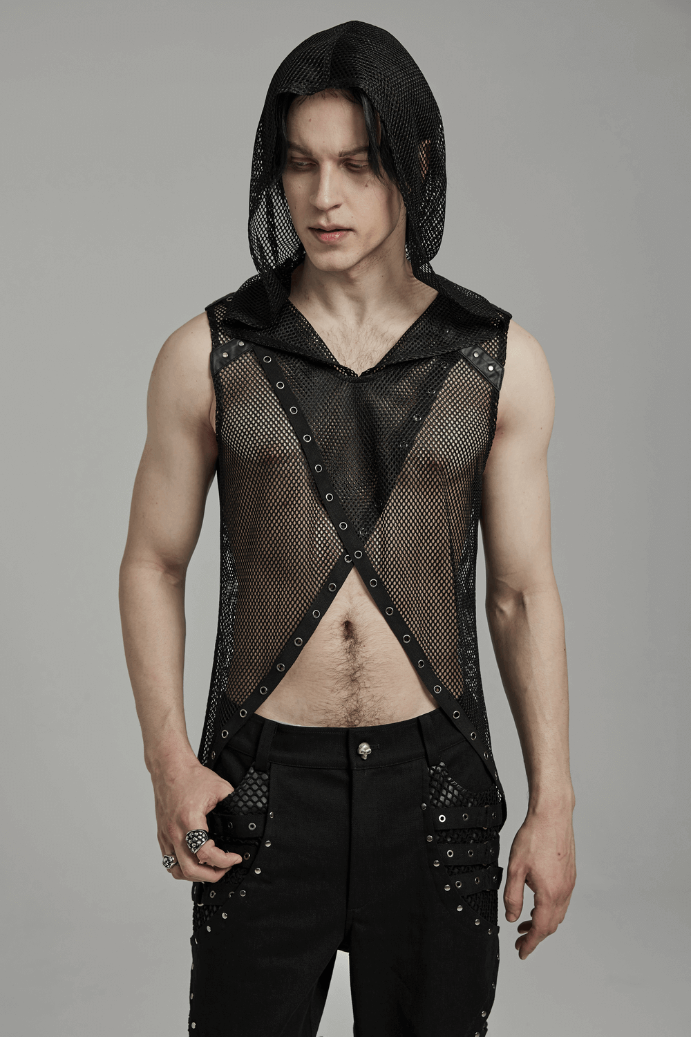 Gothic Mesh Hooded Vest / Sexy Punk Hollow Out Design Top