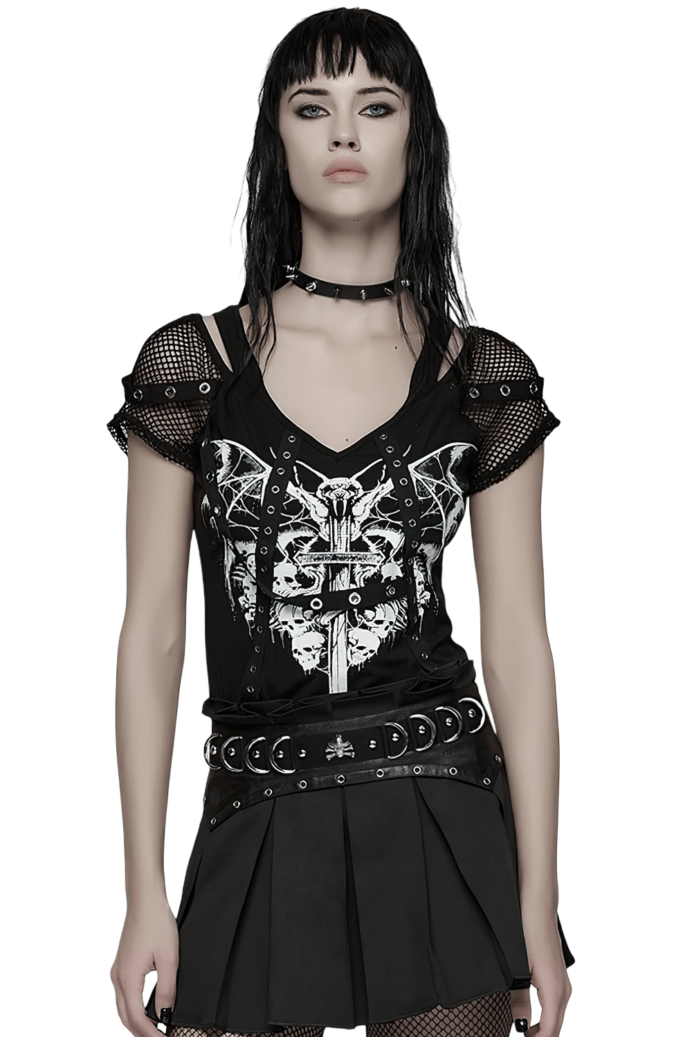 Gothic Mesh T-Shirt with Bat and Skull Print Design