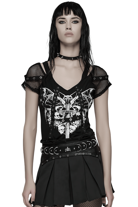Gothic Mesh T-Shirt with Bat and Skull Print Design