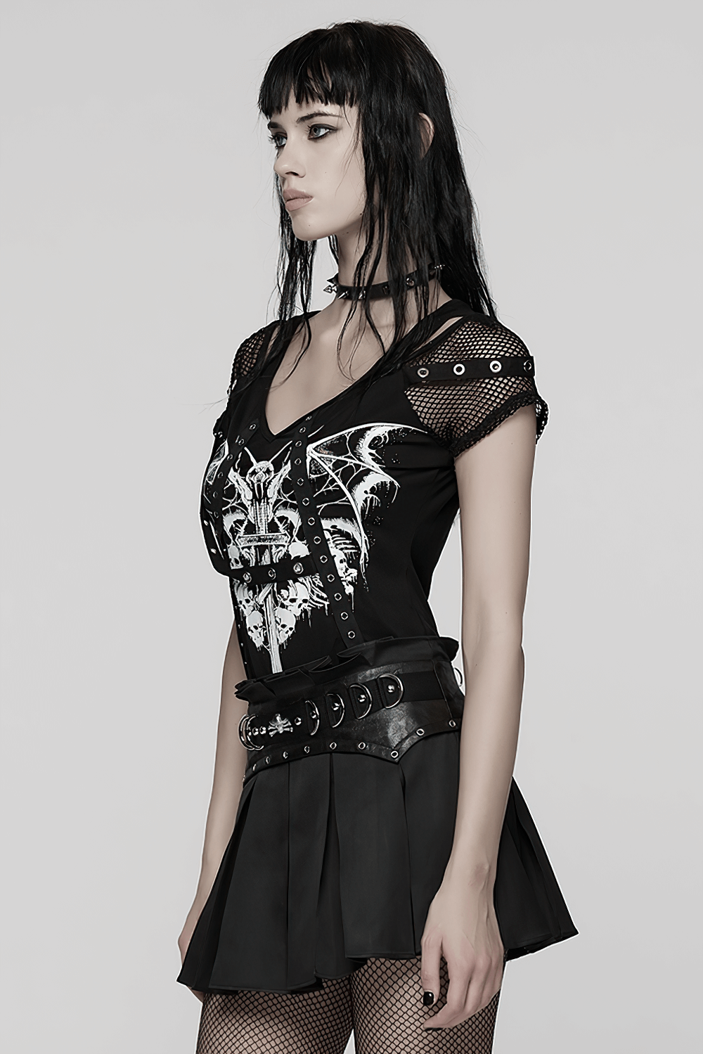 Gothic Mesh T-Shirt with Bat and Skull Print Design