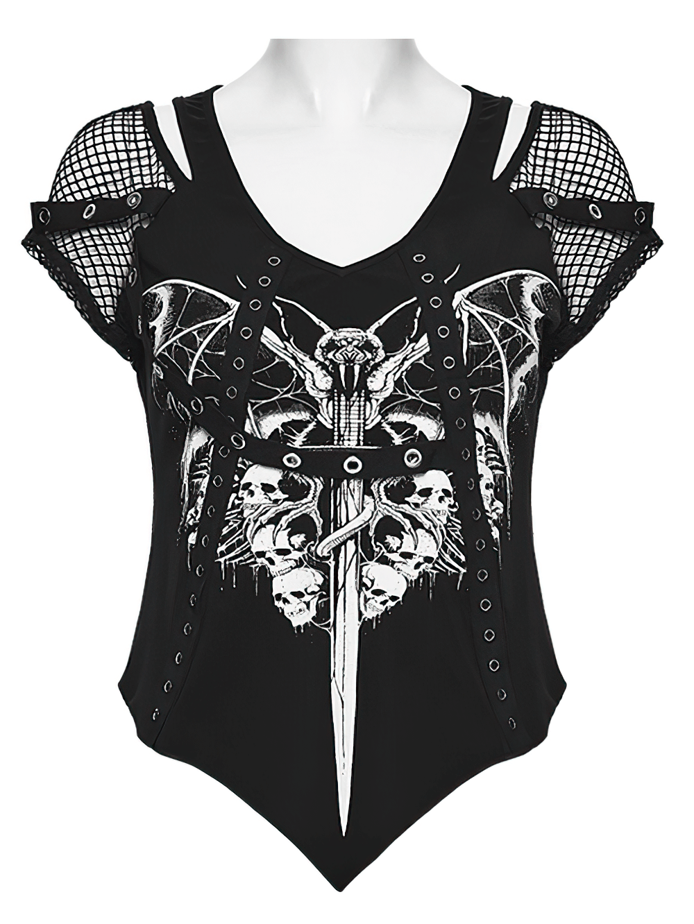 Gothic Mesh T-Shirt with Bat and Skull Print Design