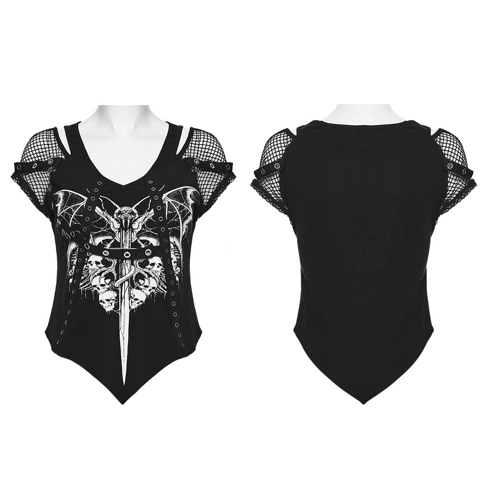 Gothic Mesh T-Shirt with Bat and Skull Print Design