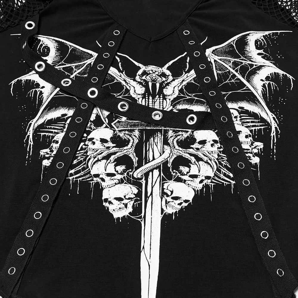 Gothic Mesh T-Shirt with Bat and Skull Print Design