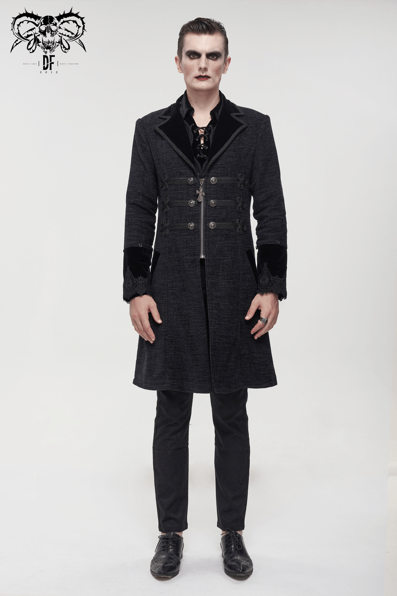 Gothic Mid-Length Coat with Detachable Faux Fur / Men's Warm Zipper Coat with Buttons