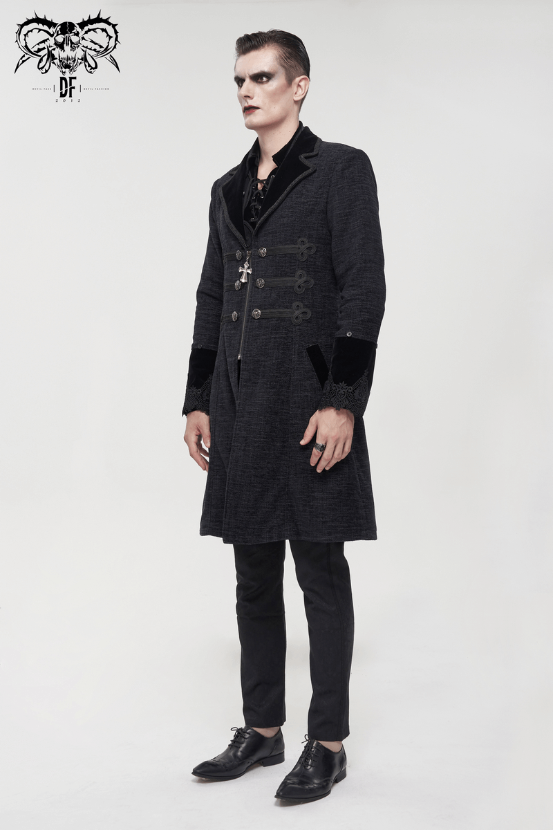 Gothic Mid-Length Coat with Detachable Faux Fur / Men's Warm Zipper Coat with Buttons