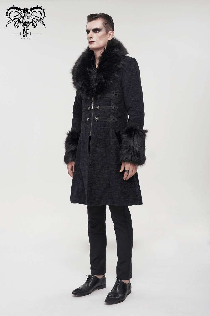 Gothic Mid-Length Coat with Detachable Faux Fur / Men's Warm Zipper Coat with Buttons