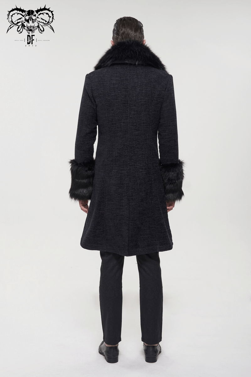 Gothic Mid-Length Coat with Detachable Faux Fur / Men's Warm Zipper Coat with Buttons