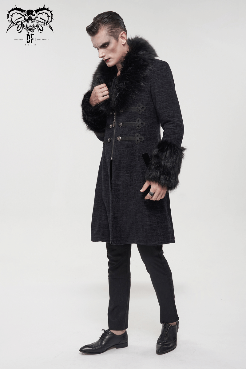 Gothic Mid-Length Coat with Detachable Faux Fur / Men's Warm Zipper Coat with Buttons