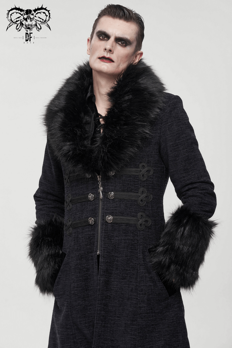 Gothic Mid-Length Coat with Detachable Faux Fur / Men's Warm Zipper Coat with Buttons