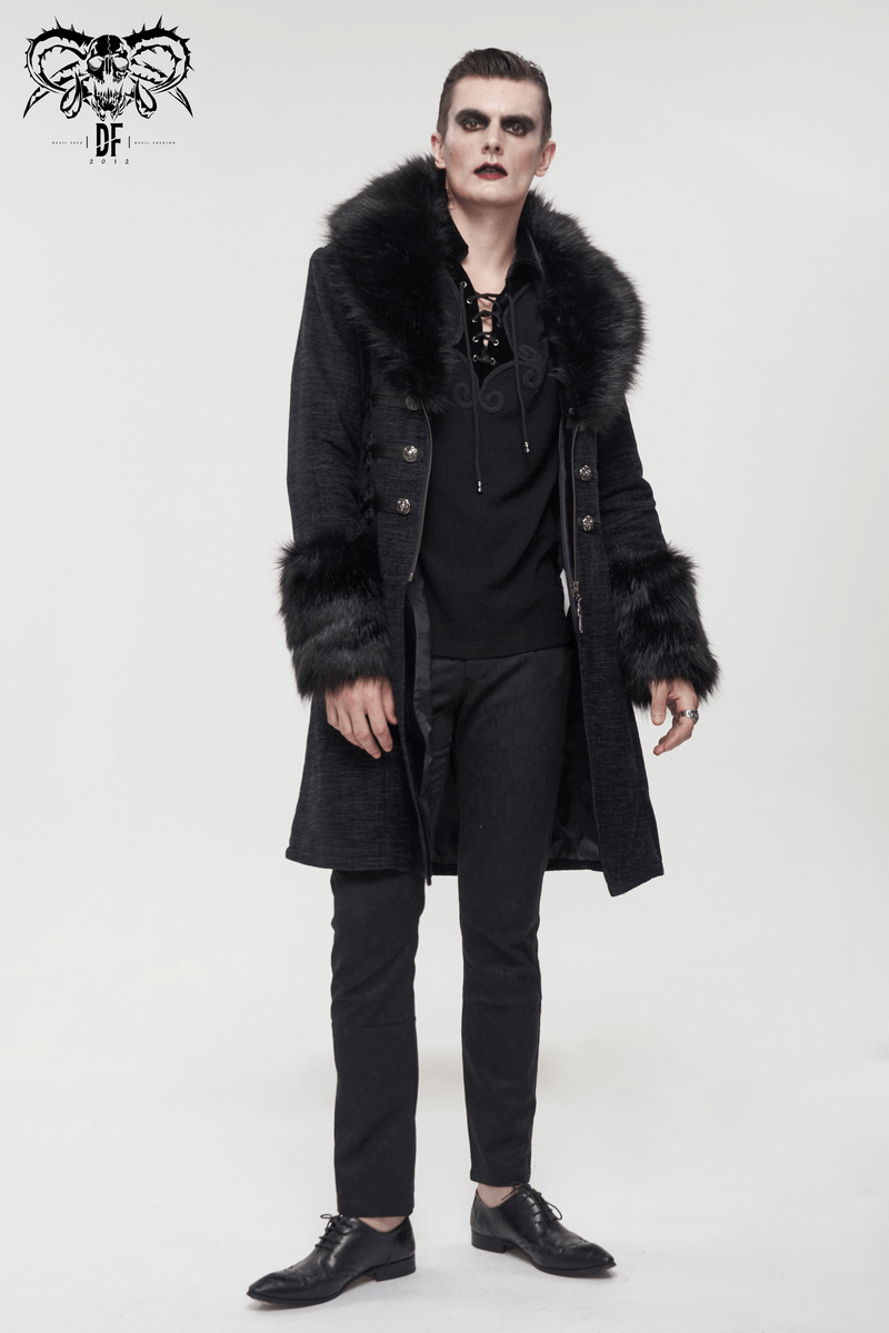 Gothic Mid-Length Coat with Detachable Faux Fur / Men's Warm Zipper Coat with Buttons