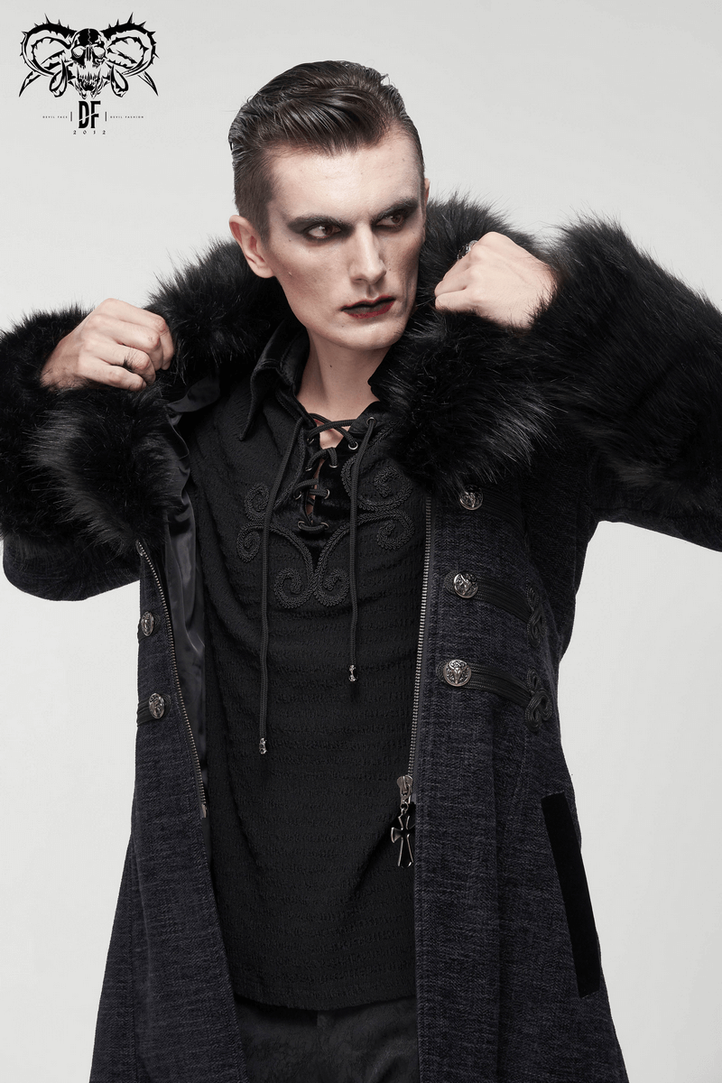 Gothic Mid-Length Coat with Detachable Faux Fur / Men's Warm Zipper Coat with Buttons