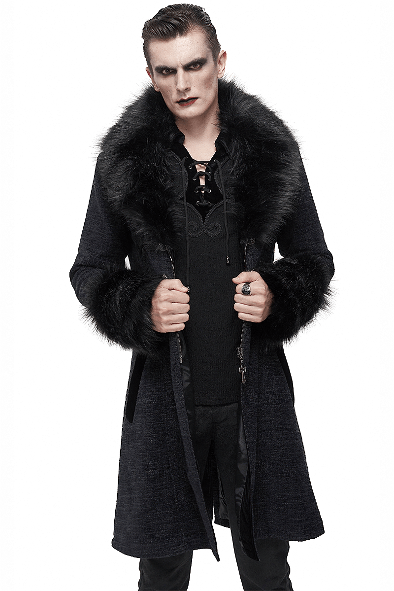 Gothic Mid-Length Coat with Detachable Faux Fur / Men's Warm Zipper Coat with Buttons