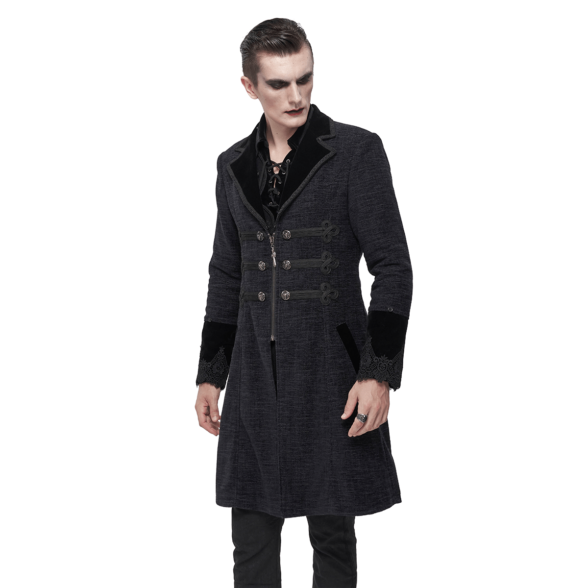 Gothic Mid-Length Coat with Detachable Faux Fur / Men's Warm Zipper Coat with Buttons