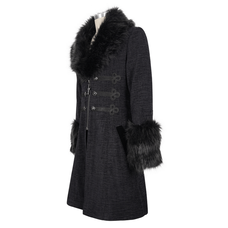 Gothic Mid-Length Coat with Detachable Faux Fur / Men's Warm Zipper Coat with Buttons