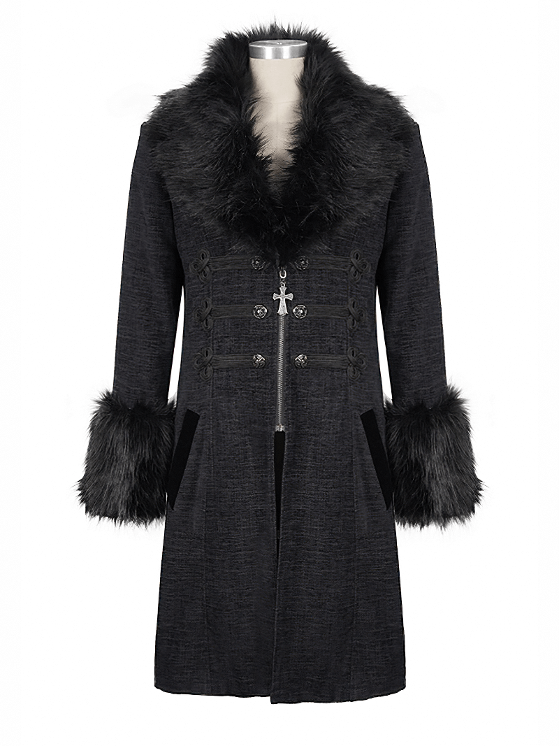 Gothic Mid-Length Coat with Detachable Faux Fur / Men's Warm Zipper Coat with Buttons