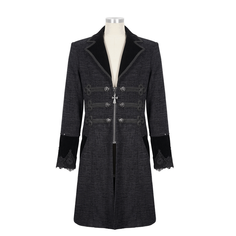 Gothic Mid-Length Coat with Detachable Faux Fur / Men's Warm Zipper Coat with Buttons