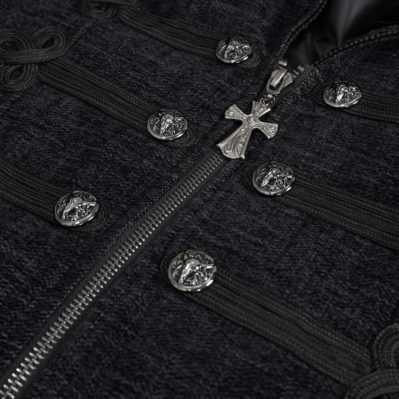 Gothic Mid-Length Coat with Detachable Faux Fur / Men's Warm Zipper Coat with Buttons