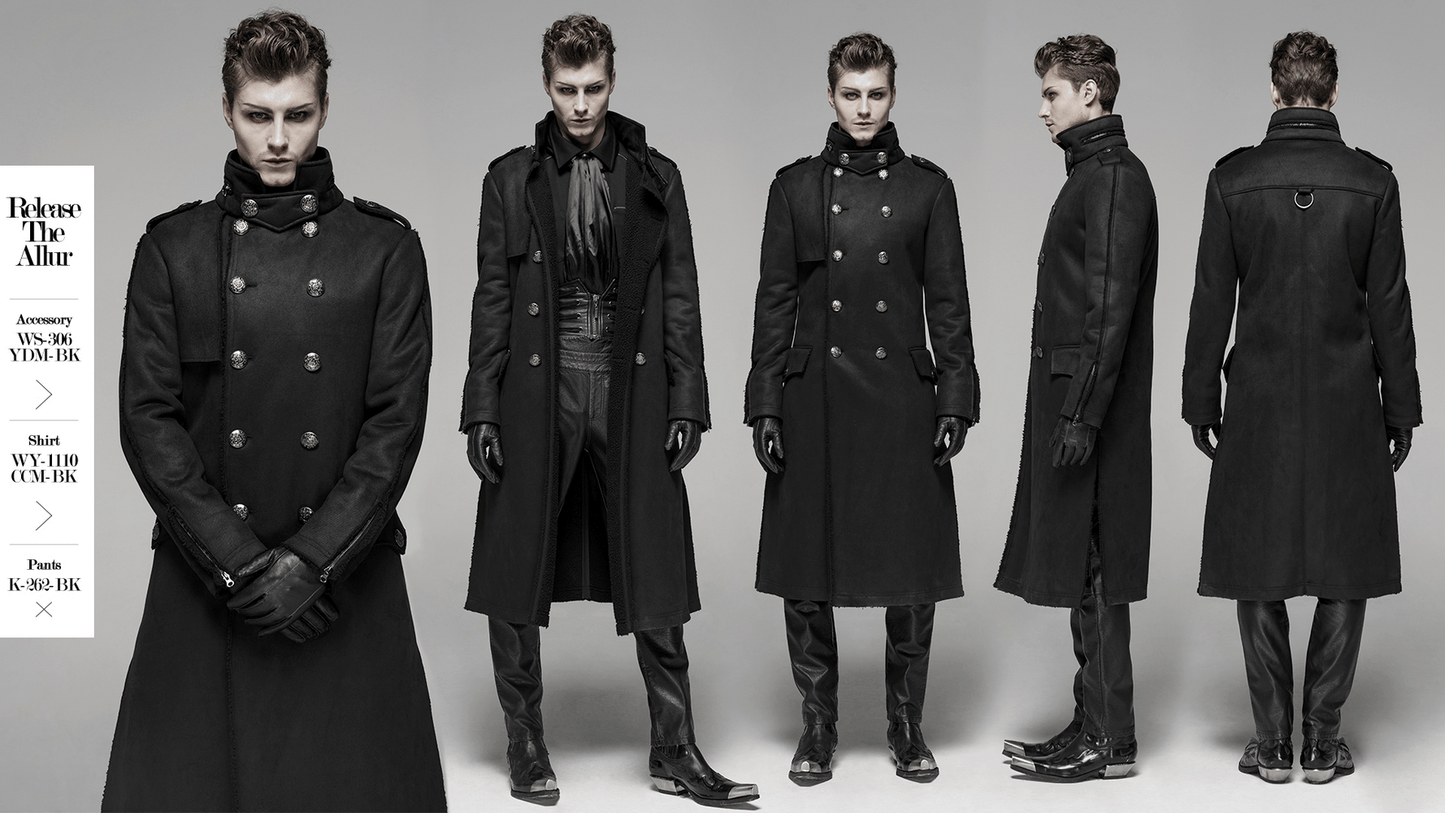 Gothic Military-Inspired Long Coat with Velvet Detailing