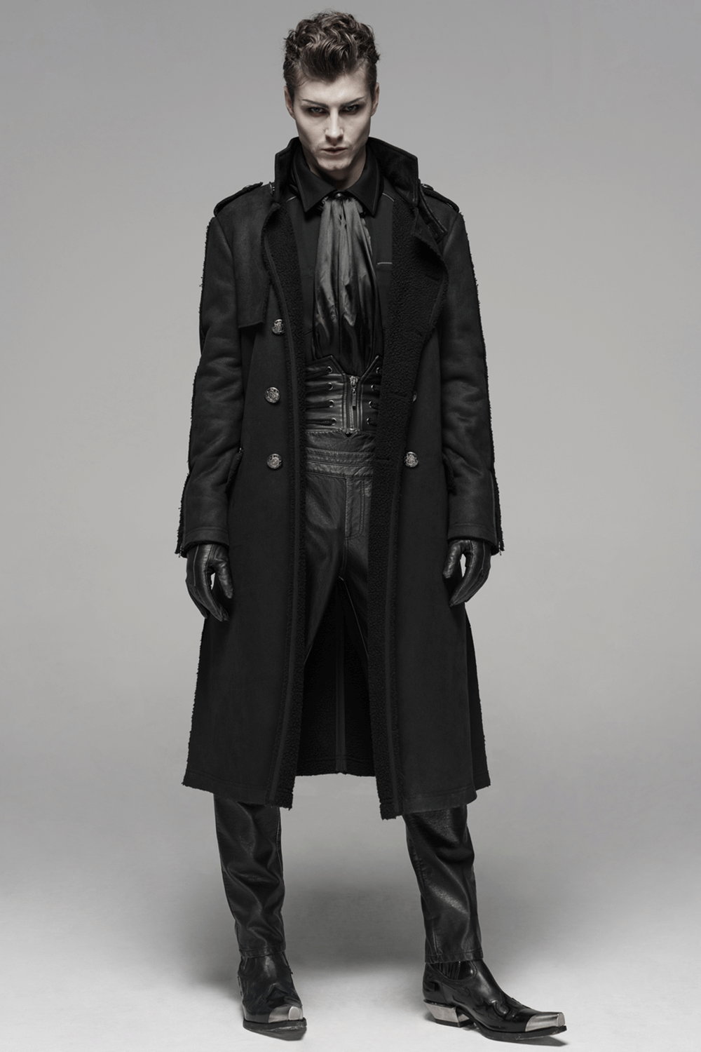 Gothic Military-Inspired Long Coat with Velvet Detailing