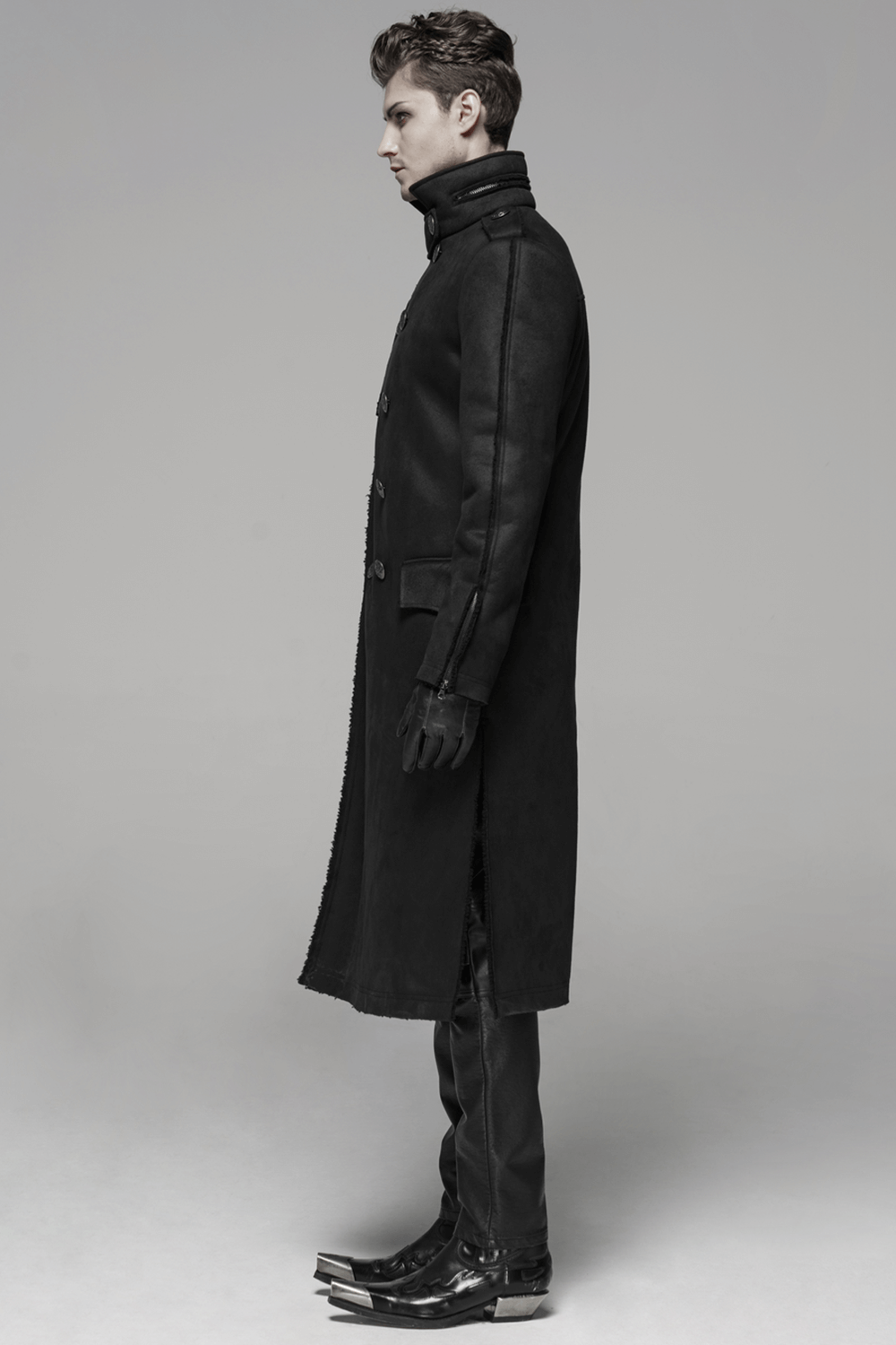 Gothic Military-Inspired Long Coat with Velvet Detailing