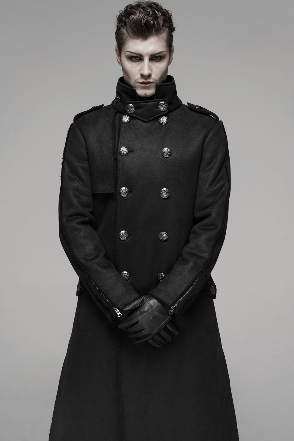 Gothic Military-Inspired Long Coat with Velvet Detailing