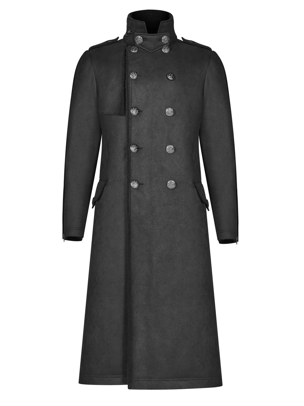 Gothic Military-Inspired Long Coat with Velvet Detailing
