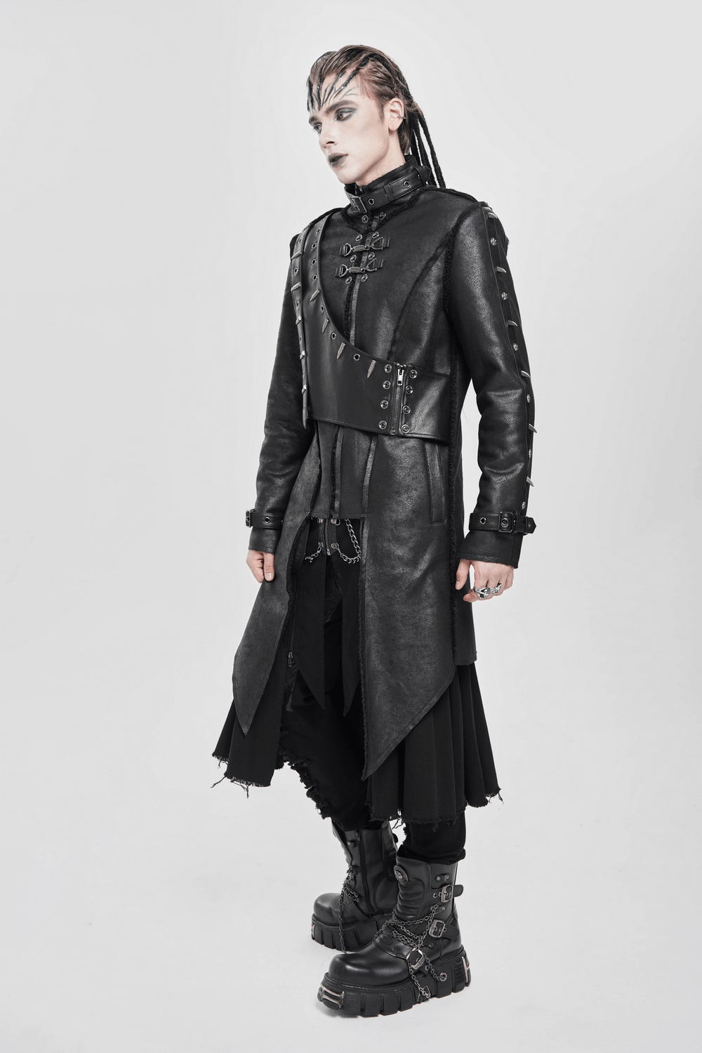 Gothic Military Long Coat with Spiked Shoulders and Straps