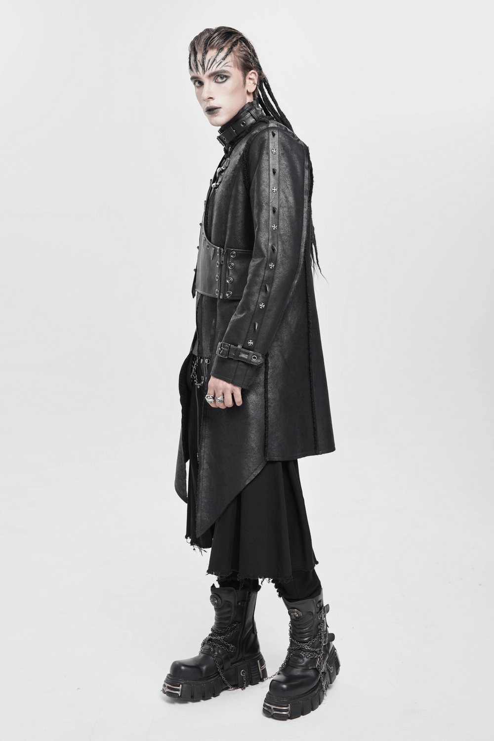 Gothic Military Long Coat with Spiked Shoulders and Straps