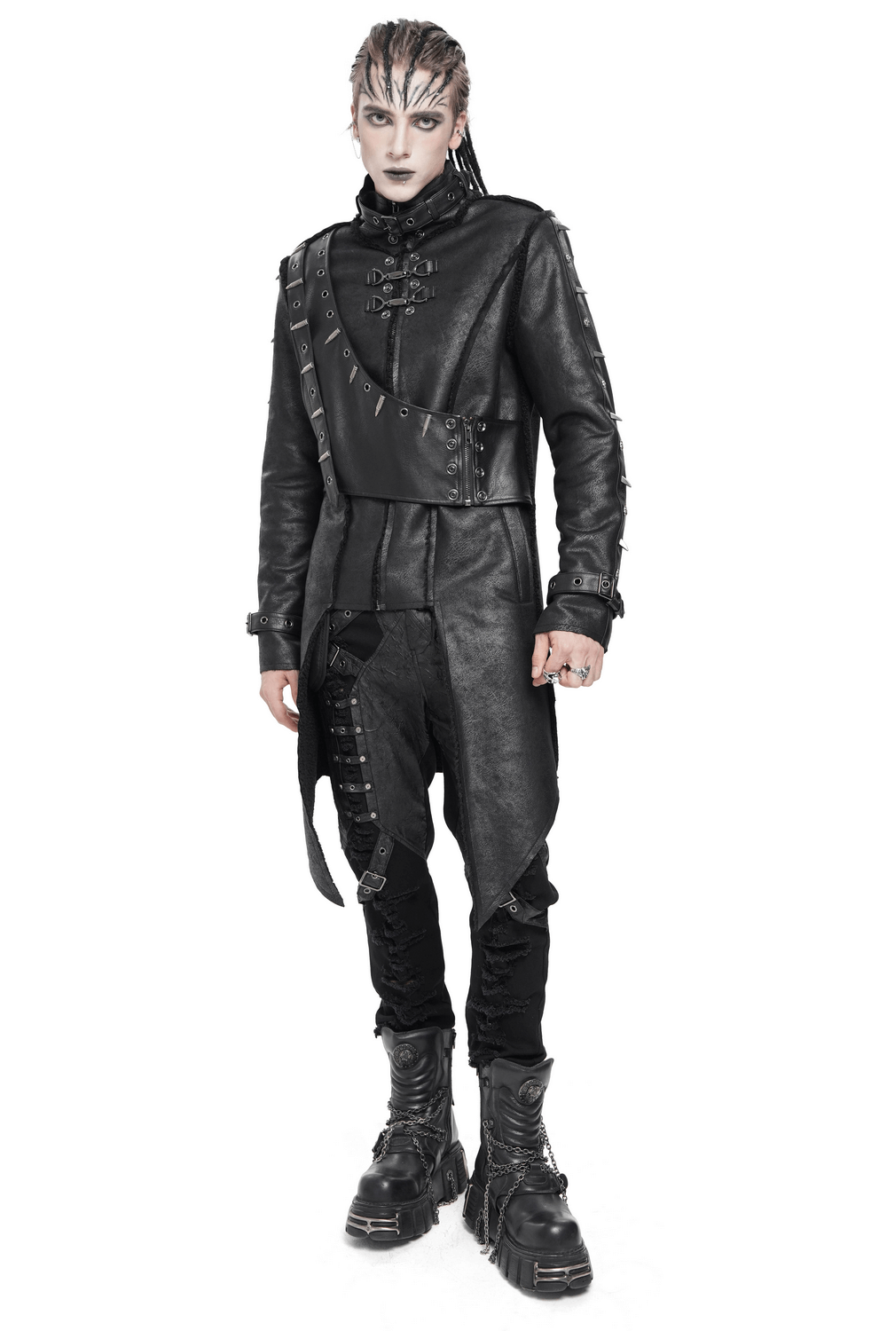 Gothic Military Long Coat with Spiked Shoulders and Straps