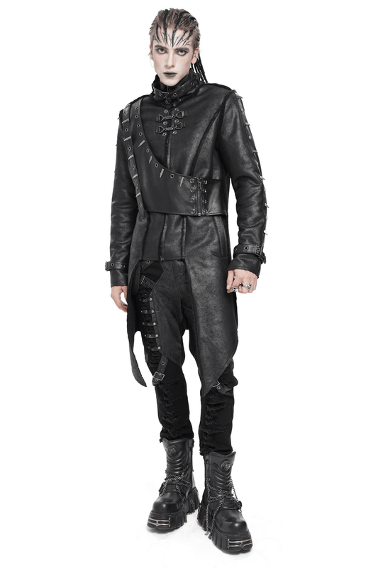 Gothic Military Long Coat with Spiked Shoulders and Straps