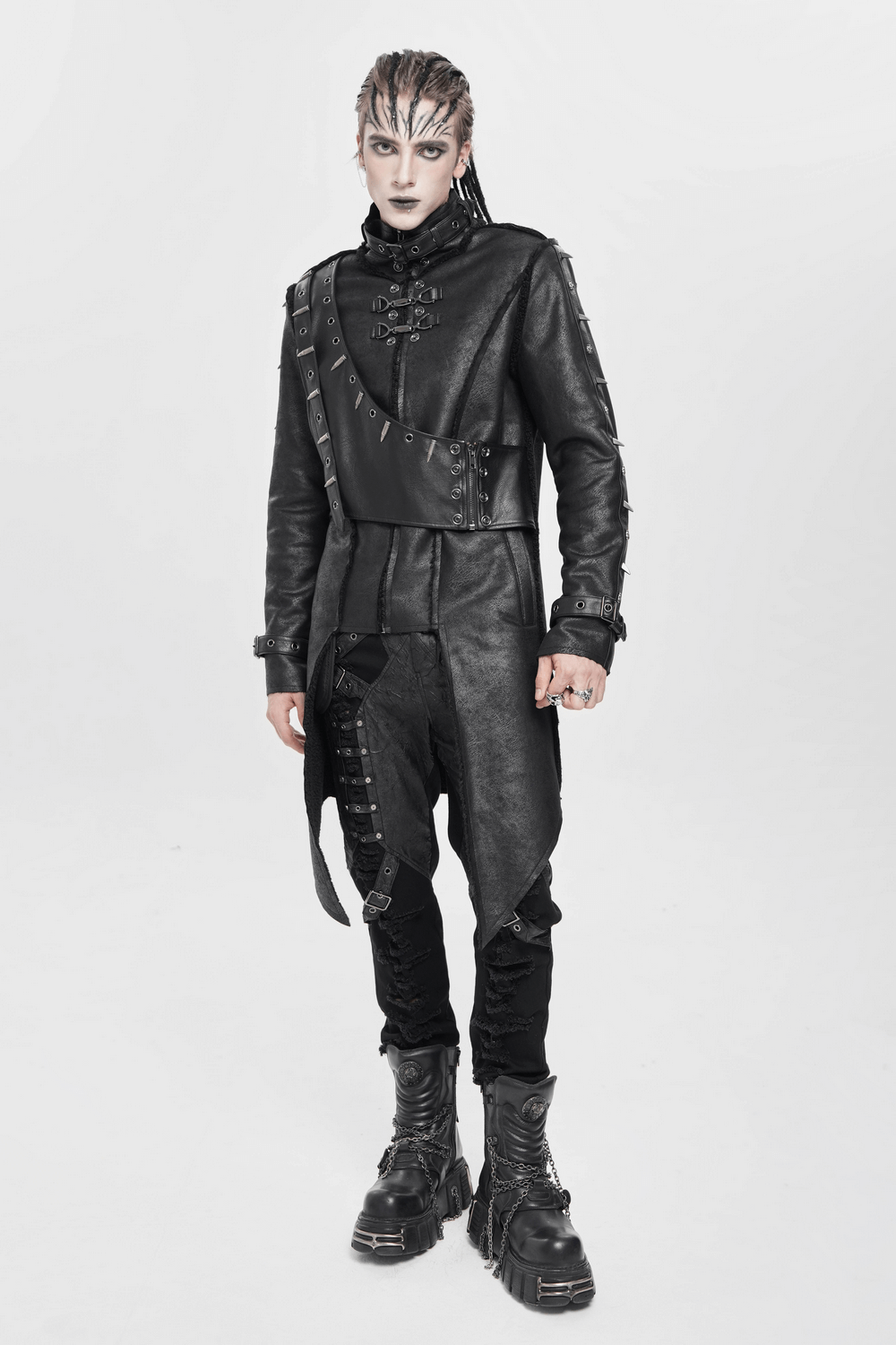 Gothic Military Long Coat with Spiked Shoulders and Straps