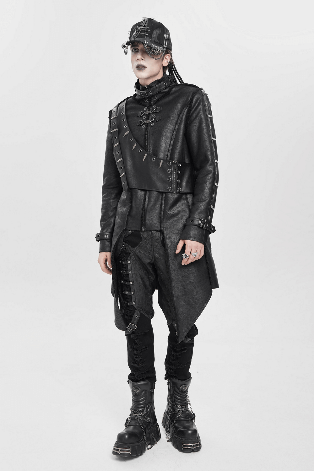 Gothic Military Long Coat with Spiked Shoulders and Straps