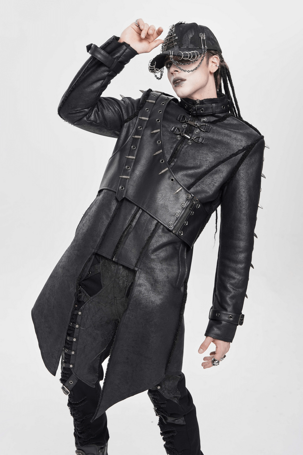Gothic Military Long Coat with Spiked Shoulders and Straps