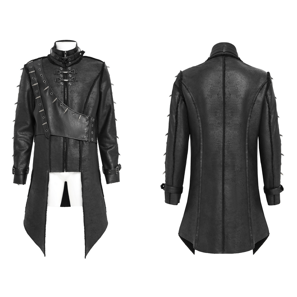 Gothic Military Long Coat with Spiked Shoulders and Straps