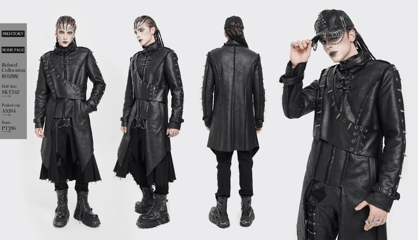 Gothic Military Long Coat with Spiked Shoulders and Straps