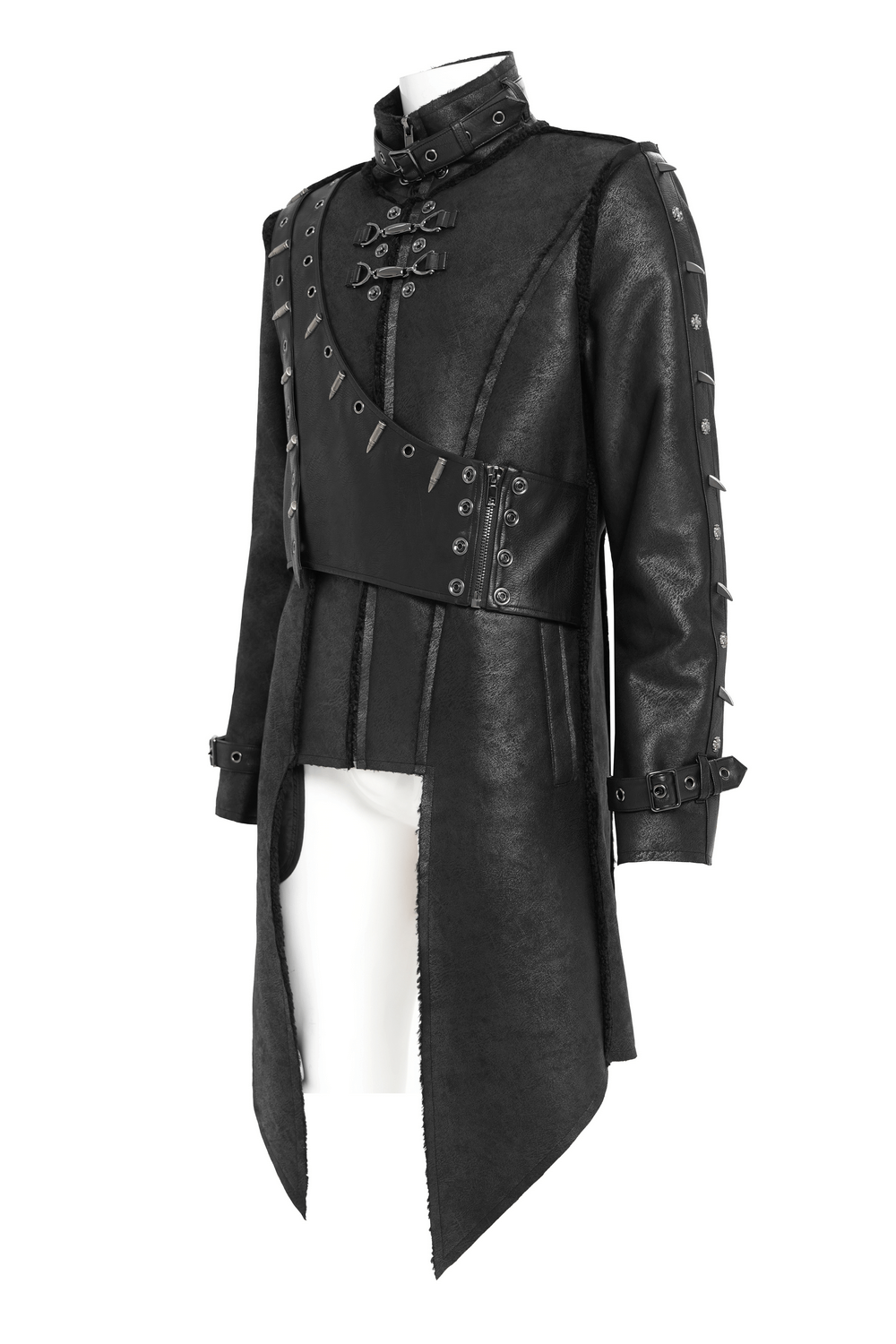 Gothic Military Long Coat with Spiked Shoulders and Straps