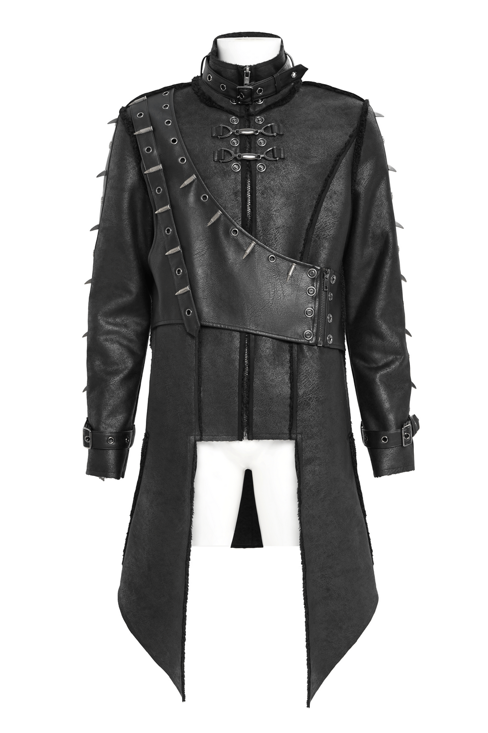Gothic Military Long Coat with Spiked Shoulders and Straps