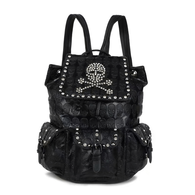 Gothic Multi-pockets Studded Backpack / Fashion Skull Pattern Black Rucksack